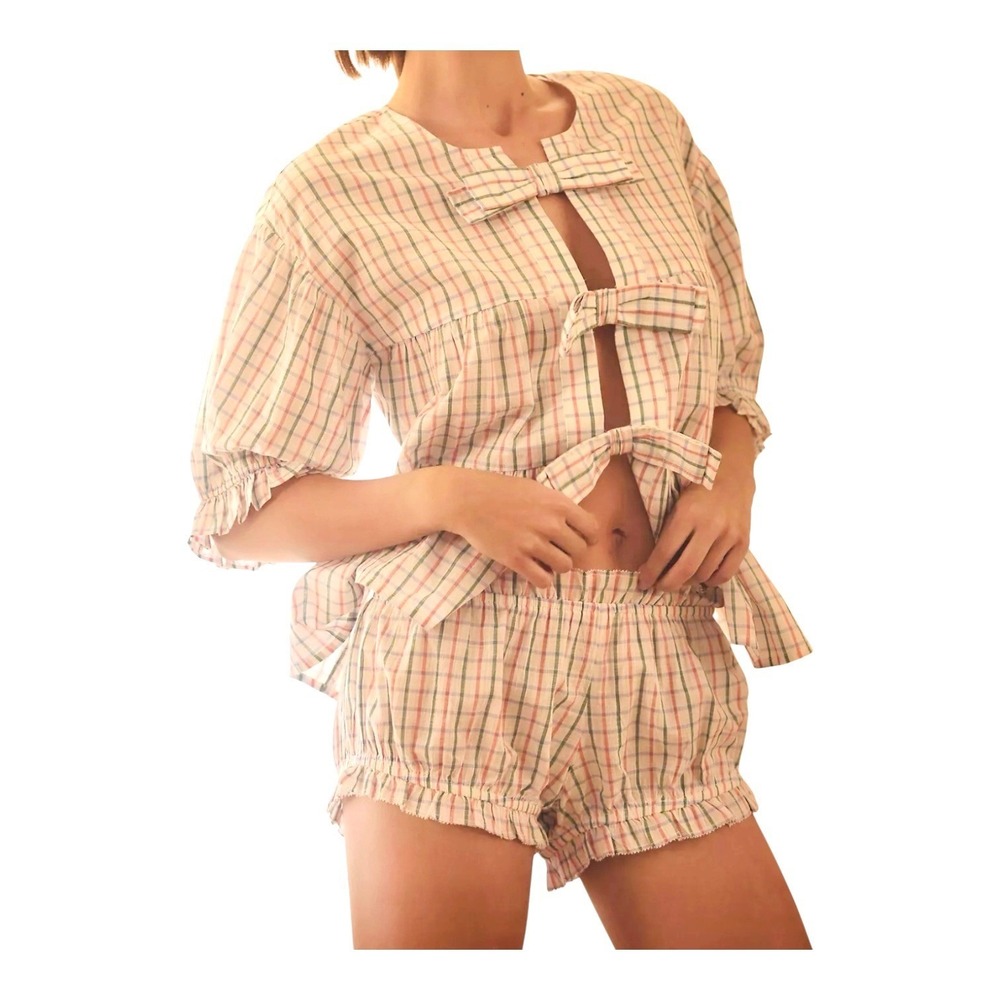 Anthropologie Pajama Set Women's S/M Multi Plaid Bow Front Peplum Top Bloomers